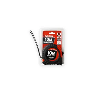 Black and red Dekton10m tape measure with wrist strap and original blister packaging