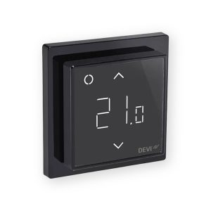 DEVIreg Smart black thermostat angled front view showing temperature display and touch controls