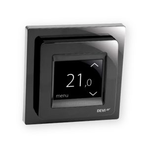 DEVIreg Touch black programmable thermostat showing temperature display and menu controls