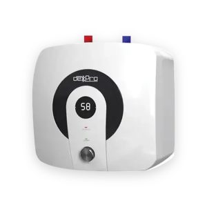 DeXpro white digital unvented water heater with front display, temperature dial and red and blue top connections