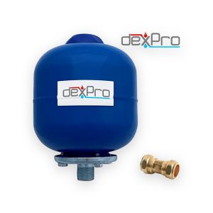 Blue DeXpro expansion vessel with threaded connection and separate brass check valve, with DeXpro logo