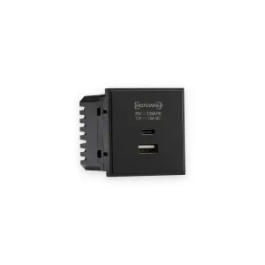 Dual USB Charger A+C (18W QC / 45W USB-PD) 50 x 50mmm - Black with USB A and C ports and FASTCHARGE markings