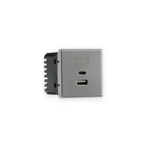 Dual USB Charger A+C (18W QC / 45W USB-PD) 50 x 50mmm - Grey with USB A and C ports and FASTCHARGE markings