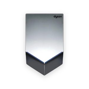 Dyson Airblade V hand dryer in sprayed nickel with blue V-shaped outlet and black lower housing