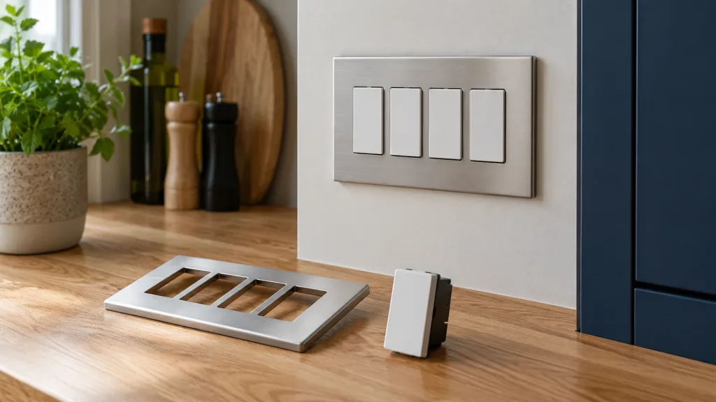 Illustration of labelled closed modular switches in a kitchen