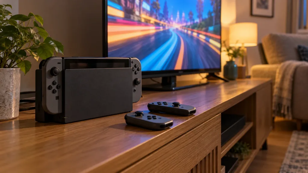 Illustration of a Nintendo Switch style gaming setup in a living room