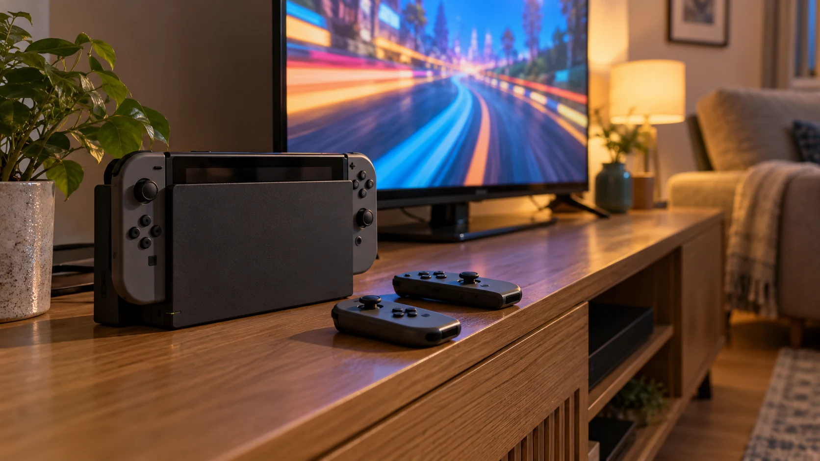 Illustration of a Nintendo Switch style gaming setup in a living room