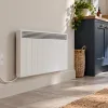 Illustration of a closed appliance cable outlet beside a heater in a utility room