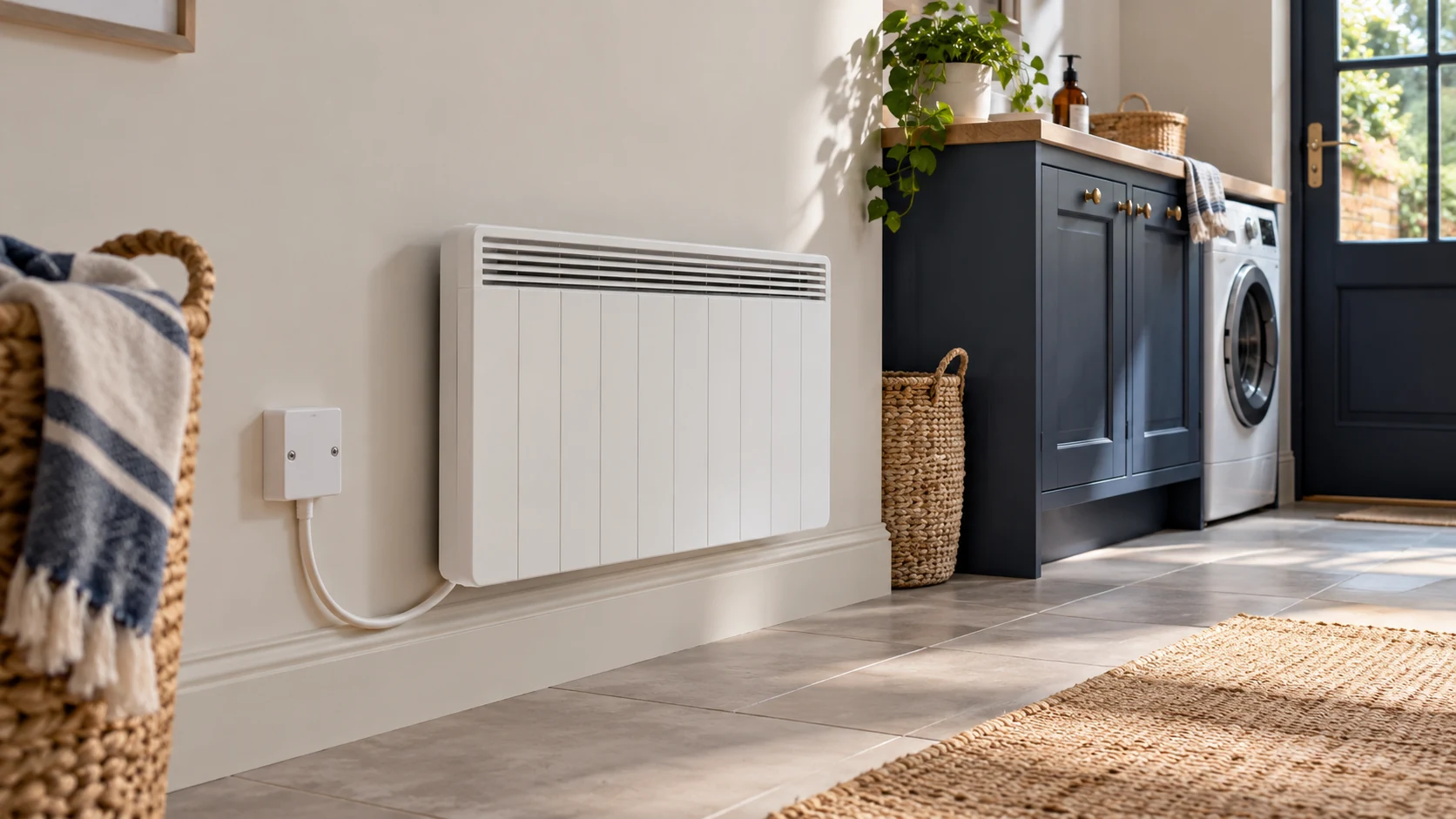 Illustration of a closed appliance cable outlet beside a heater in a utility room