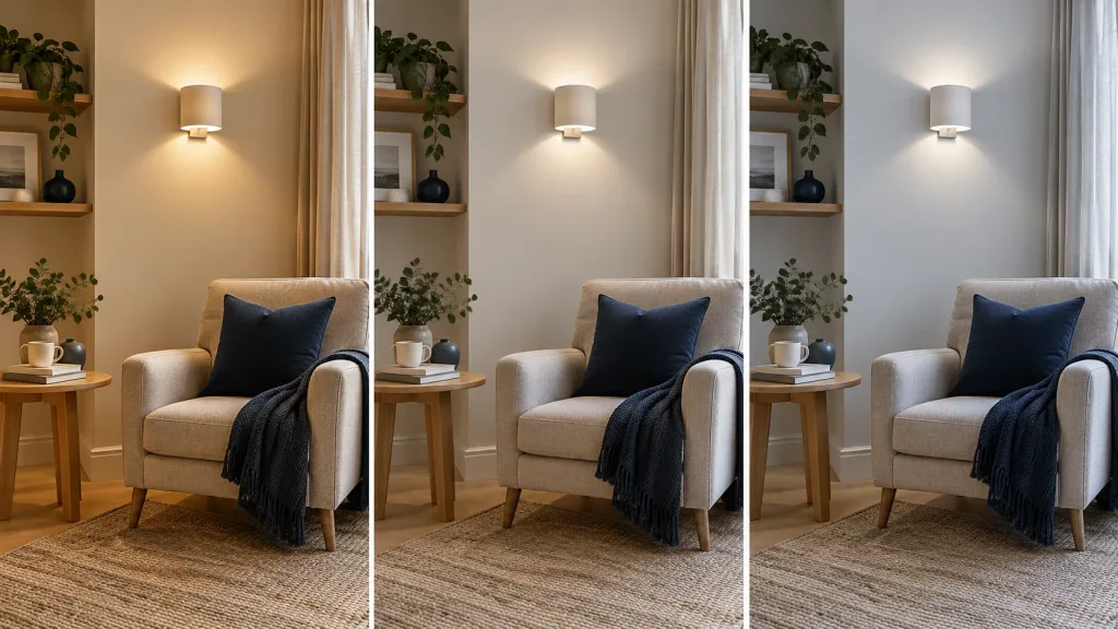 Illustration comparing warm, neutral and cool white light in the same room