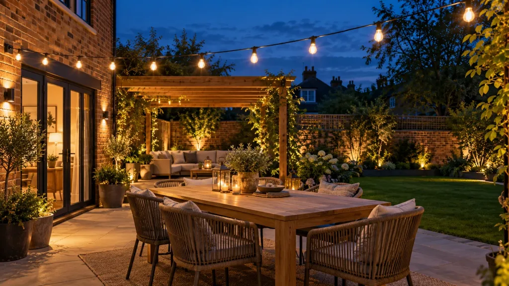 Illustration of warm festoon lights over a garden dining area