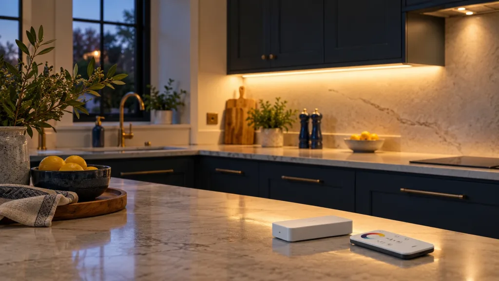 Illustration of under cabinet LED strip lighting and a closed controller