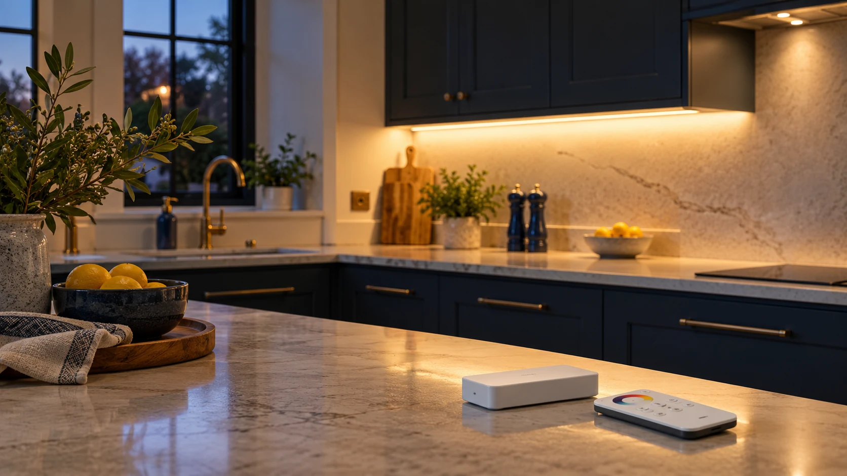 Illustration of under cabinet LED strip lighting and a closed controller