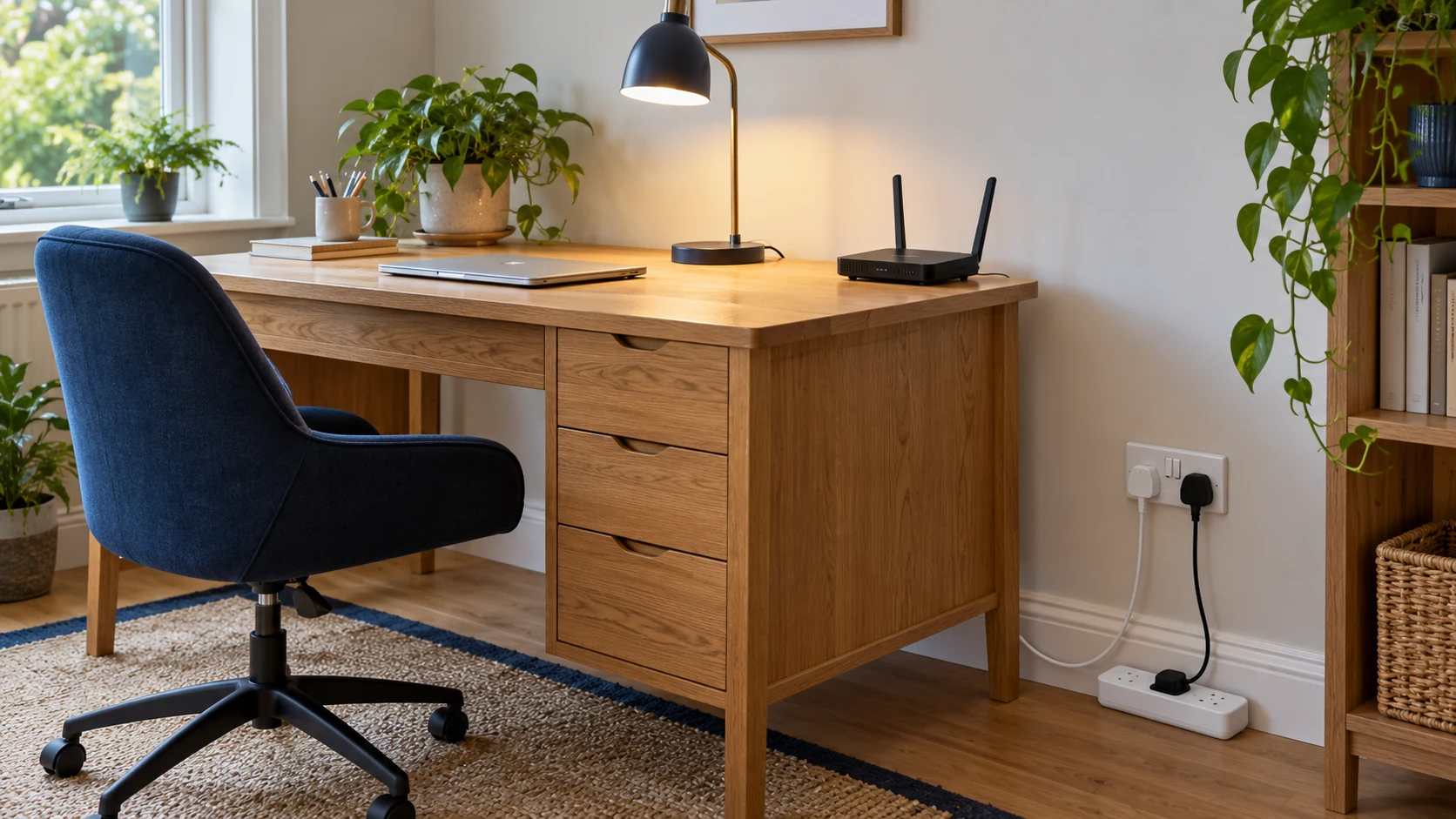Illustration of an organised home office with an accessible extension lead