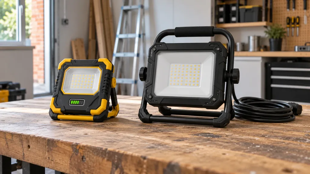Illustration comparing disconnected rechargeable and mains work lights on a bench