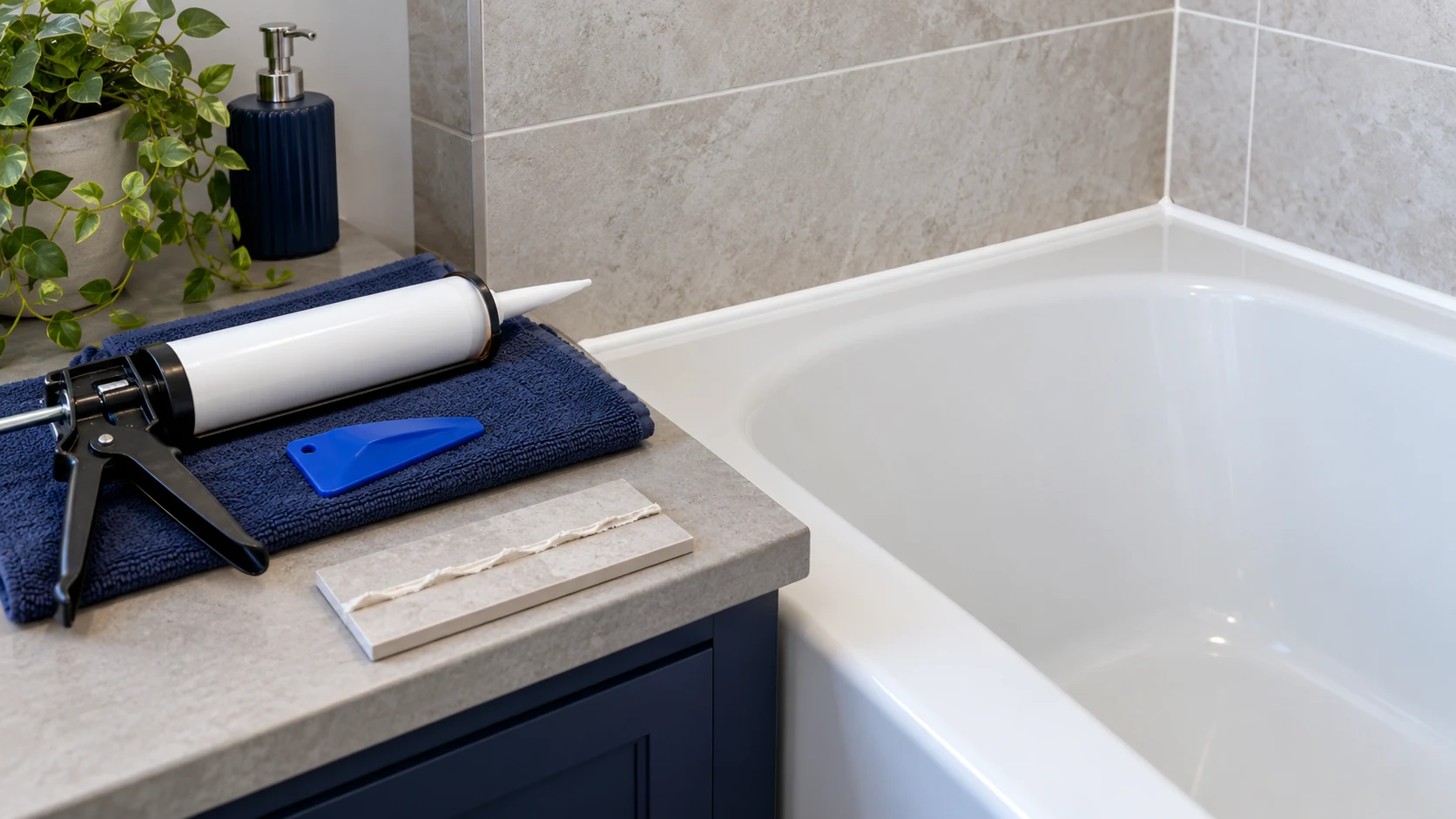 Illustration of bathroom seal maintenance tools beside a bath