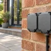 Illustration of a closed weatherproof outdoor socket on a garden wall