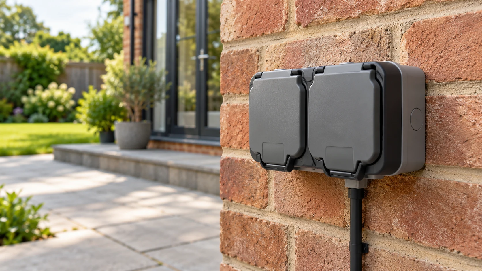 Illustration of a closed weatherproof outdoor socket on a garden wall