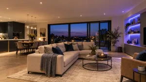 Illustration of white downlights and coloured accent lighting in a modern living room