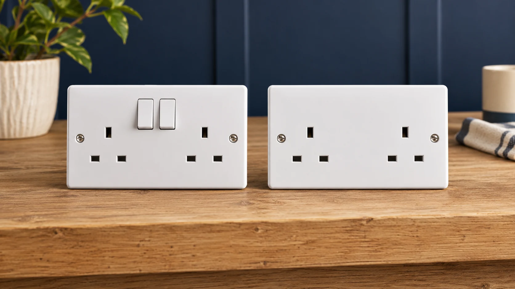 Illustration comparing switched and unswitched UK socket faceplates