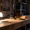 Illustration of a portable work light illuminating a tidy garage bench