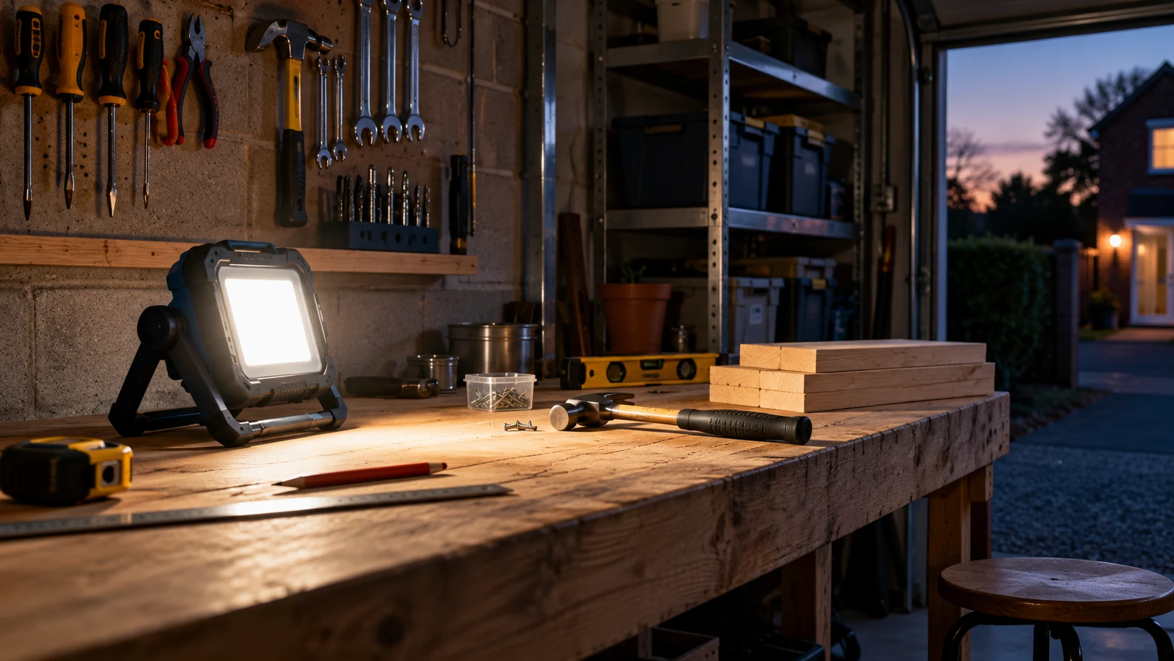 Illustration of a portable work light illuminating a tidy garage bench
