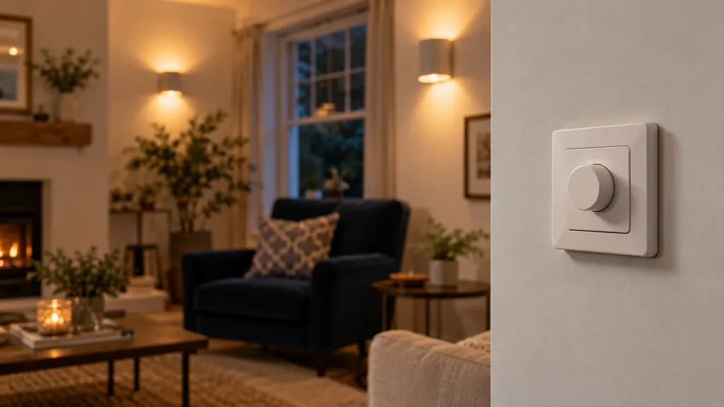 Illustration of a closed rotary dimmer beside warm room lighting