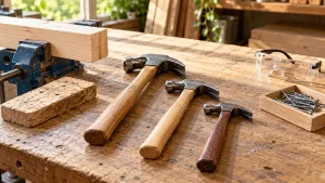 Illustration of claw hammers and eye protection on a workshop bench