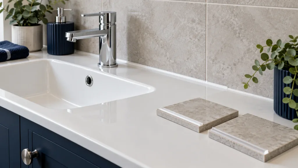 Illustration comparing clear and white sealant samples beside a kitchen sink