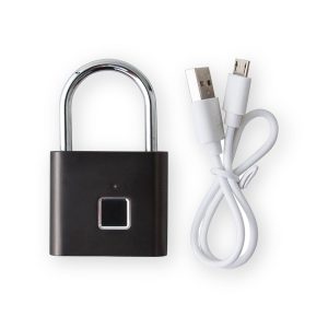 ENER-J SHA5304 black fingerprint padlock with chrome shackle, square fingerprint sensor and white USB charging cable