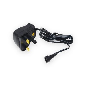 Black UK three-pin universal power supply with coiled cable and round output connector