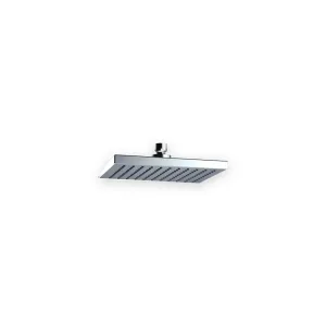 Square chrome shower head with dark spray nozzles and top connector