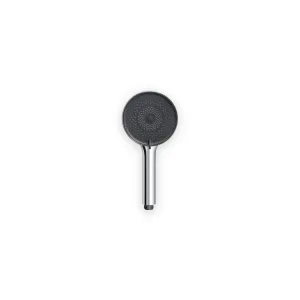 Chrome hand shower with round dark spray face and threaded handle connector