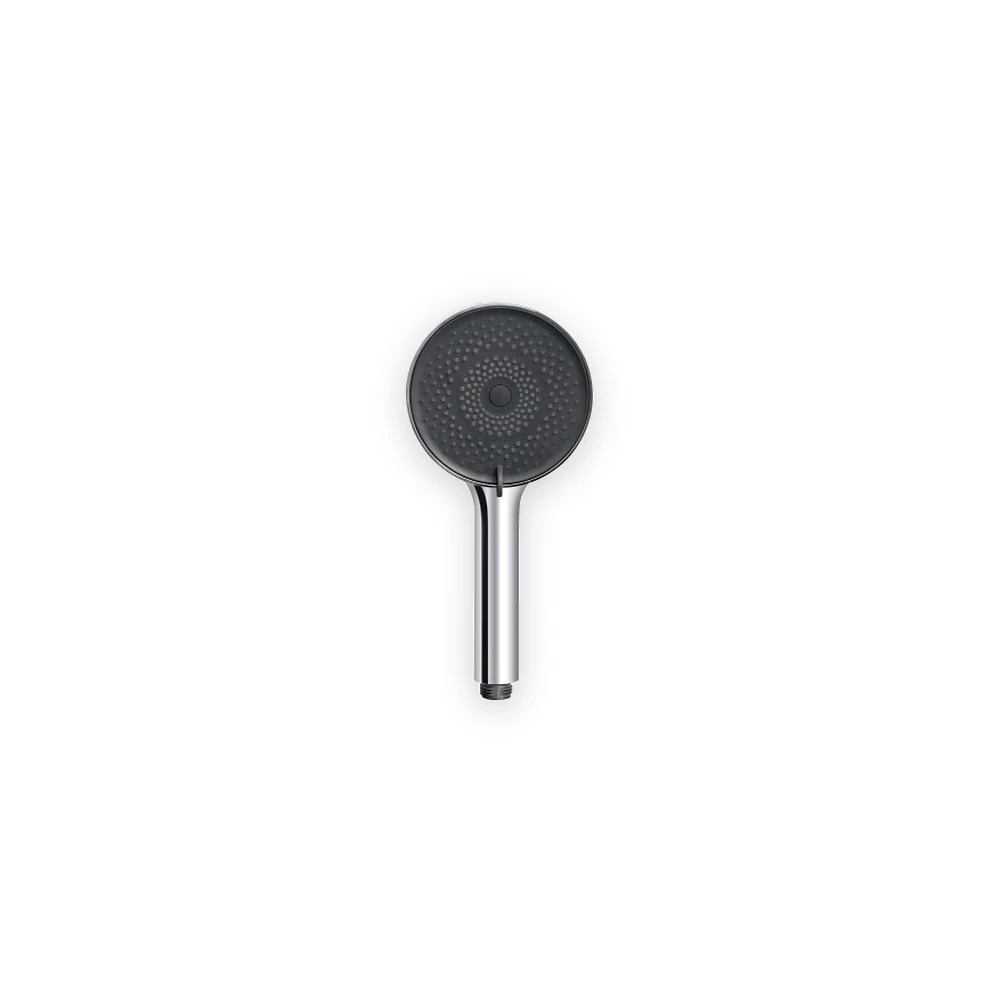 Chrome hand shower with round dark spray face and threaded handle connector Chrome hand shower with round dark spray face and threaded handle connector