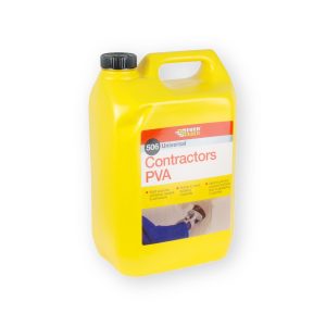 Everbuild 506 Contractors PVA yellow container with black screw cap, carrying handle and original label, angled view