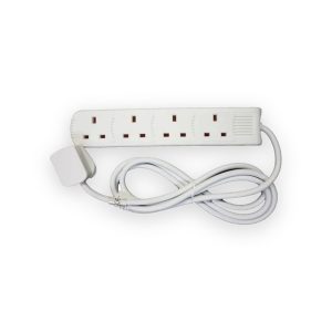 White four-way UK extension lead with moulded plug and coiled white cable