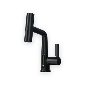 Faucet with Waterfall Pull Out Sprayer and LED Temperature Display Black Finish
