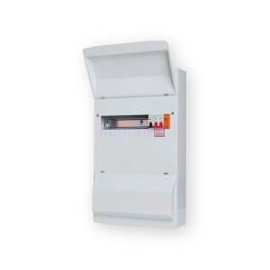 FuseBox F2021MX white duplex consumer unit with upper lid open, visible rail, main switch and surge protection