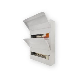 FuseBox F2029MX white duplex consumer unit with both lids open and visible upper and lower rails
