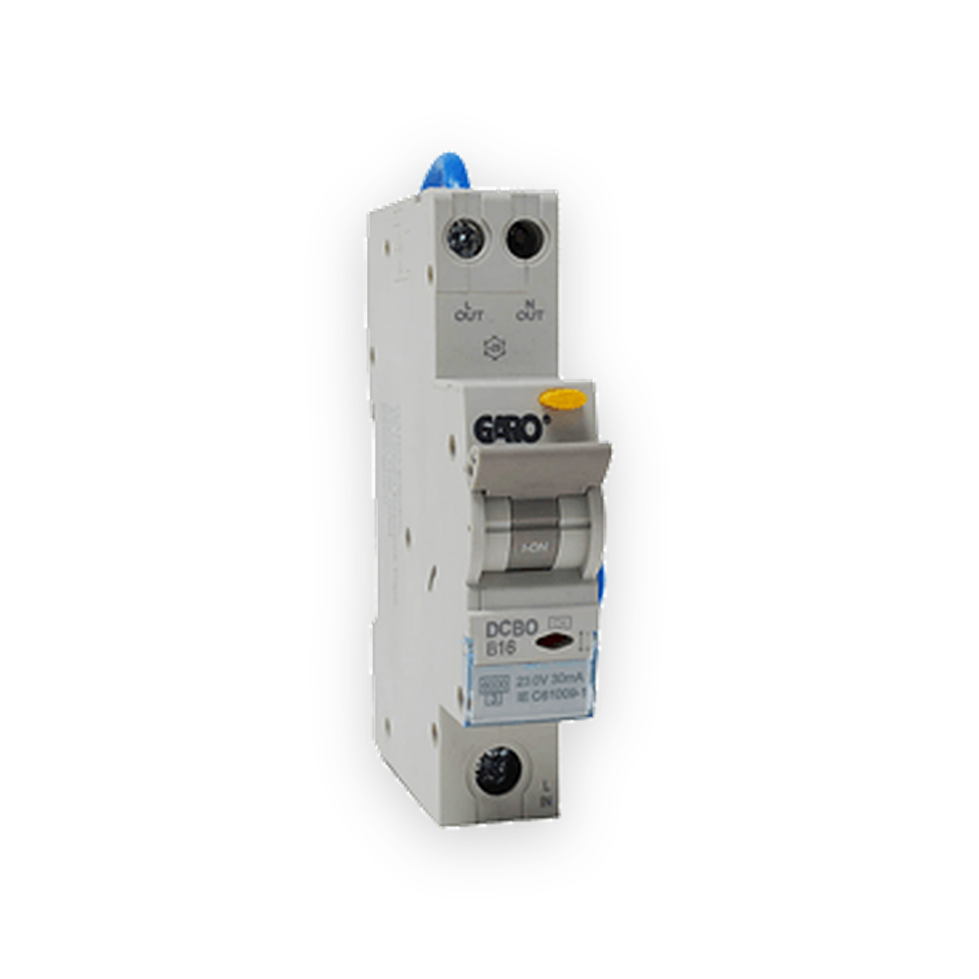 garo-16a-rcbo-gallery-01 Garo B16 RCBO with grey switch, yellow test button, blue wire loop and visible original rating label