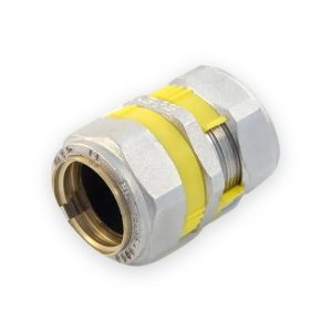 GFS compression coupling with silver hexagonal nuts, brass bore, engraved front rim and yellow retaining clips