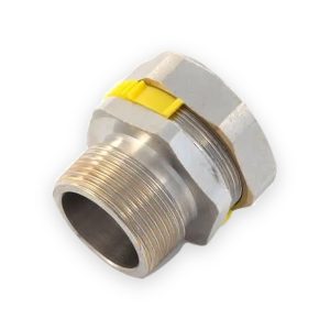 GFS compression male adaptor with external threaded end, silver hexagonal nuts and yellow retaining clip