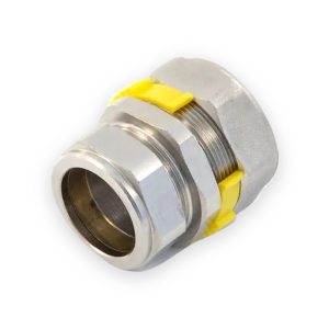 GFS reducing compression coupling with silver hexagonal nuts, visible brass bore and yellow retaining clips