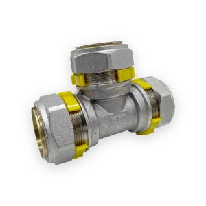 GFS equal tee fitting with three silver compression nuts, yellow retaining clips, brass rims and GFS cast marking