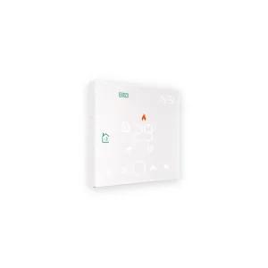 White glass Wi-Fi thermostat with illuminated display and touch controls