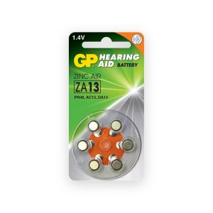 GP ZA13 PR48 zinc air hearing aid batteries, orange tabs, pack of six
