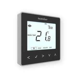 Heatmiser neoStat-e V2 black thermostat showing blue display and touch controls