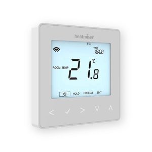 Heatmiser neoStat-e V2 white thermostat showing blue display and touch controls
