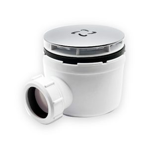 Chrome-topped shower waste with white cylindrical body, black sealing ring and side outlet socket