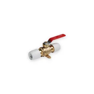 Hep2O 15mm lever ball valve with red handle, brass body and white push-fit ends